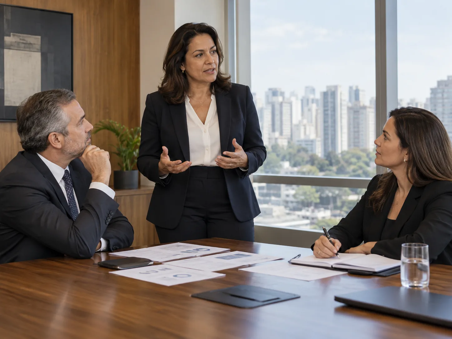 Reunião de liderança analisando um relatório, imagem ilustrativa.